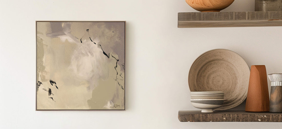 Minimalist wall display with an earthy-toned abstract by artist Lee J Morgan, paired with a rustic wooden shelf
