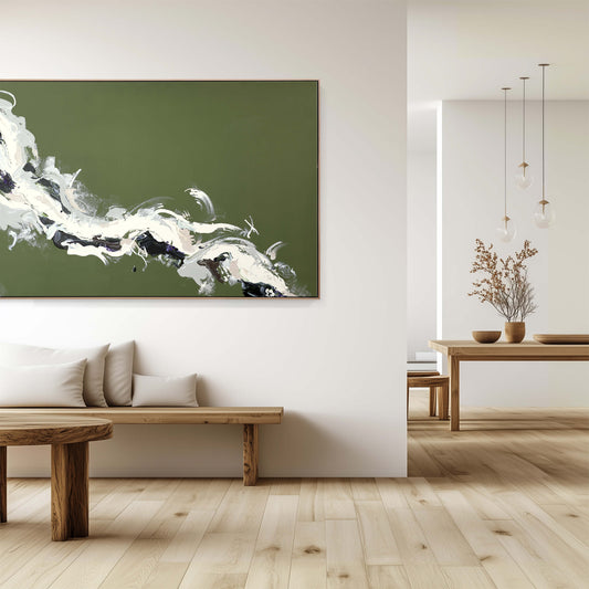 Large green abstract painting by Lee J Morgan Art displayed on the wall