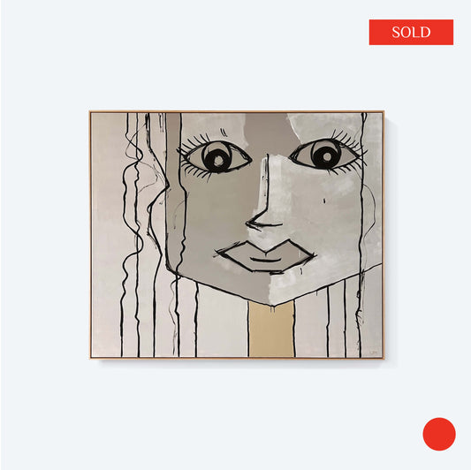 Large grey abstract painting by Lee J Morgan Art displayed on the wall with sold mark