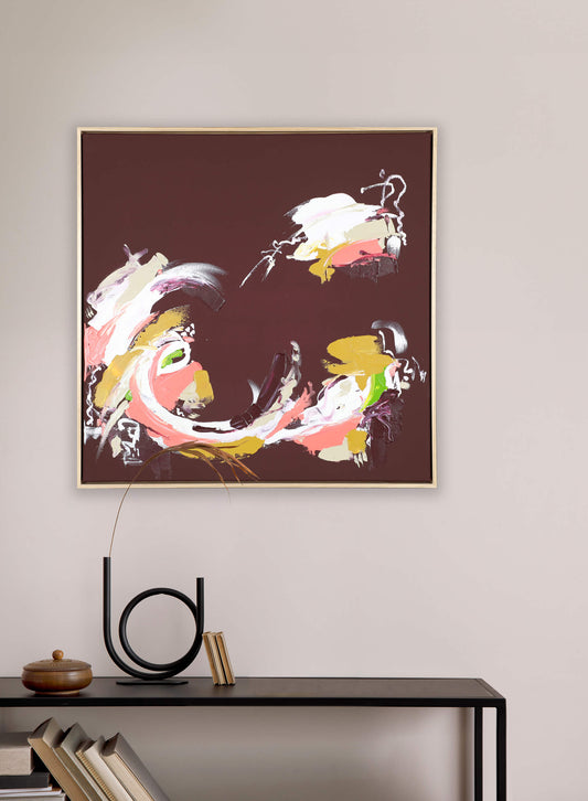 A medium red abstract painting by Lee J Morgan Art displayed on a living room wall