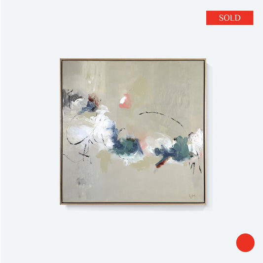 A medium neutral abstract painting by Lee J Morgan Art displayed on a living room wall labeled sold