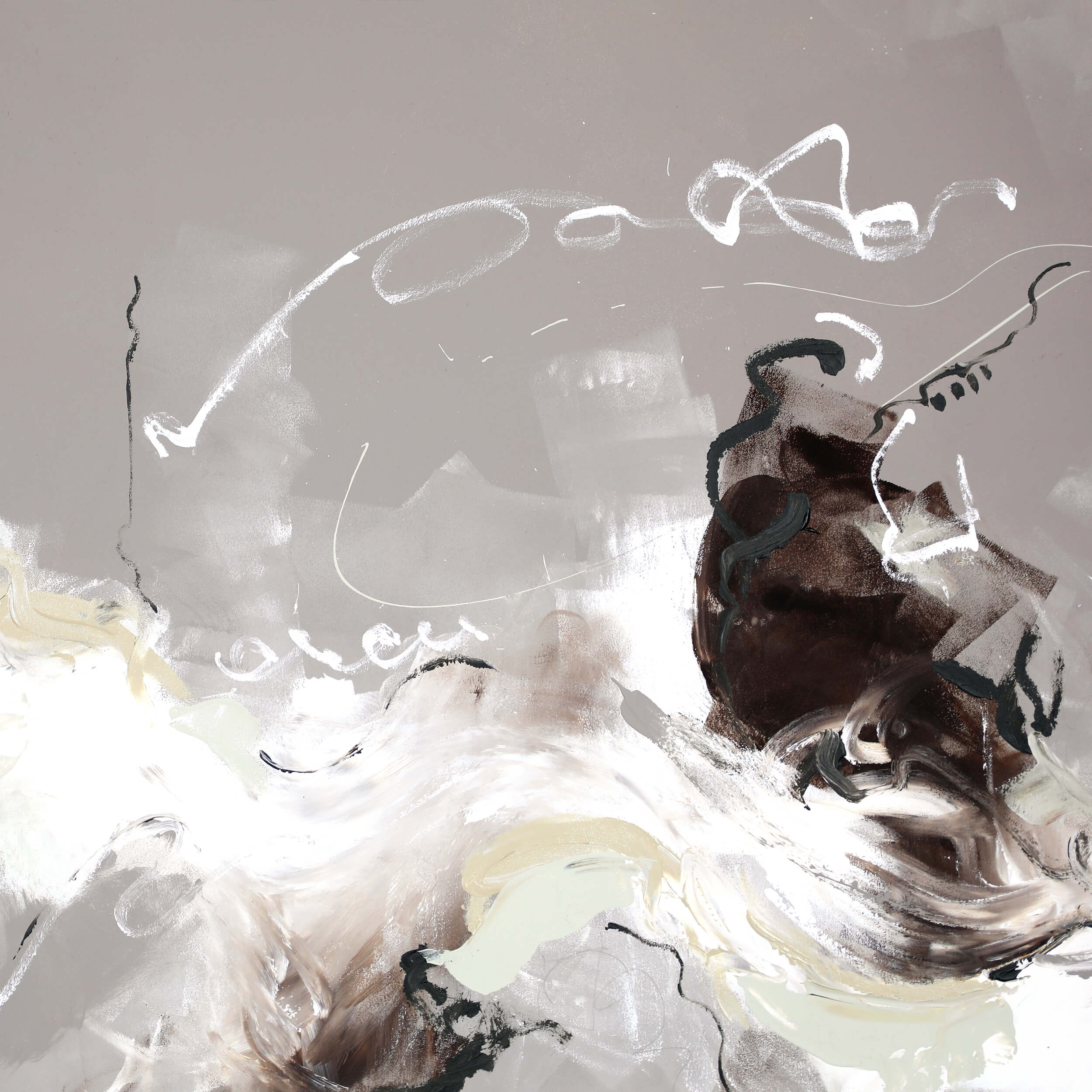 A close-up large, neutral abstract painting by Lee J Morgan