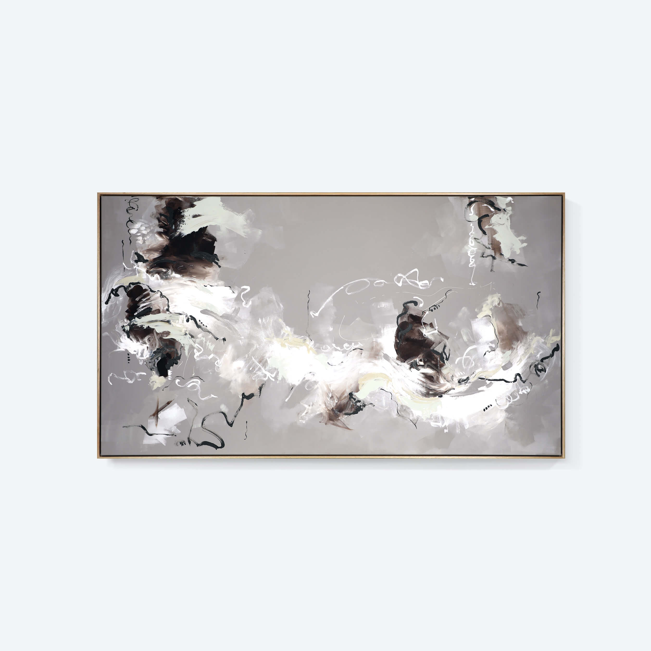 A large, neutral abstract painting by Lee J Morgan displayed on a living room wall