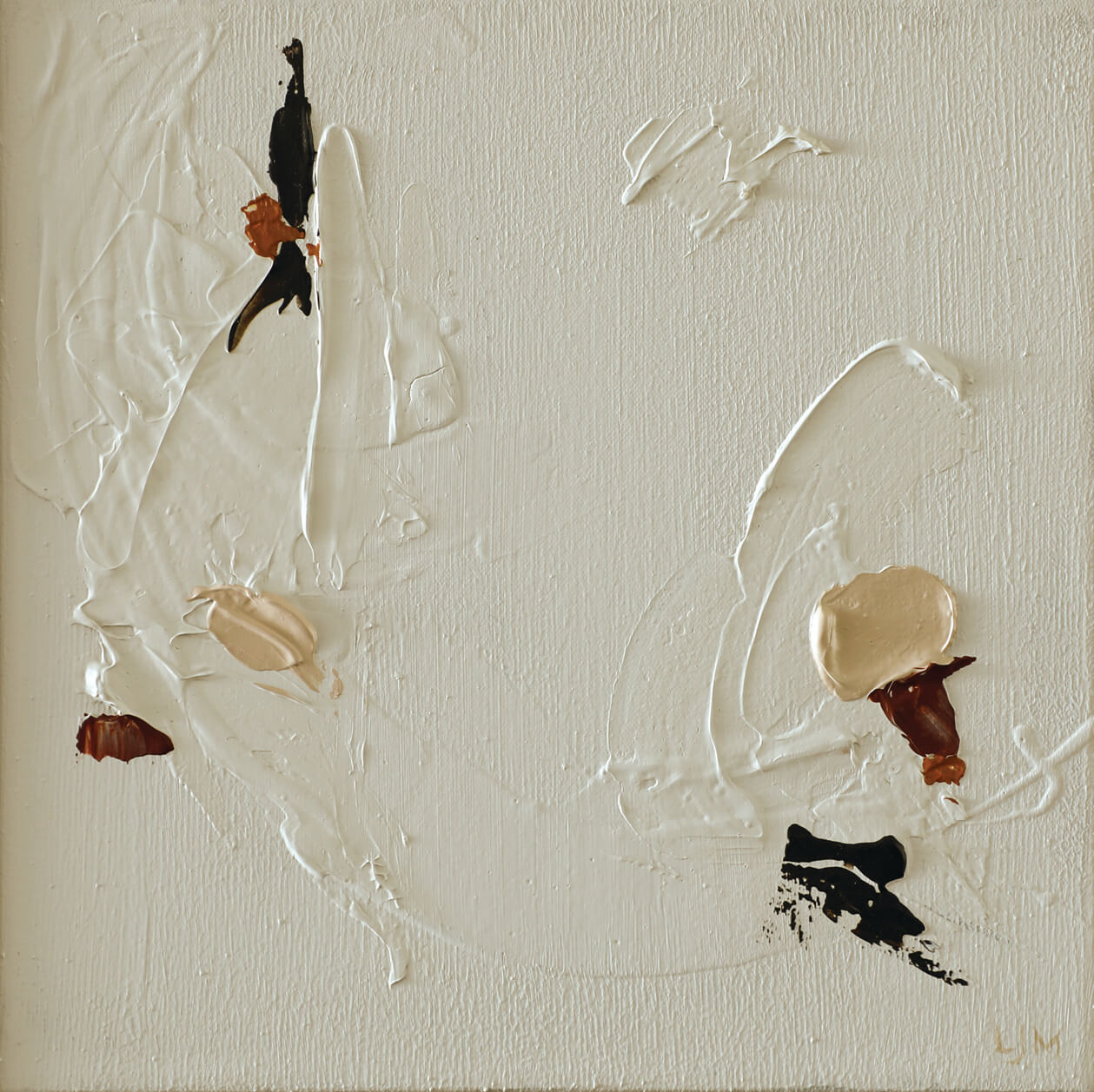 A close-up of a small neutral abstract painting by Lee J Morgan Art