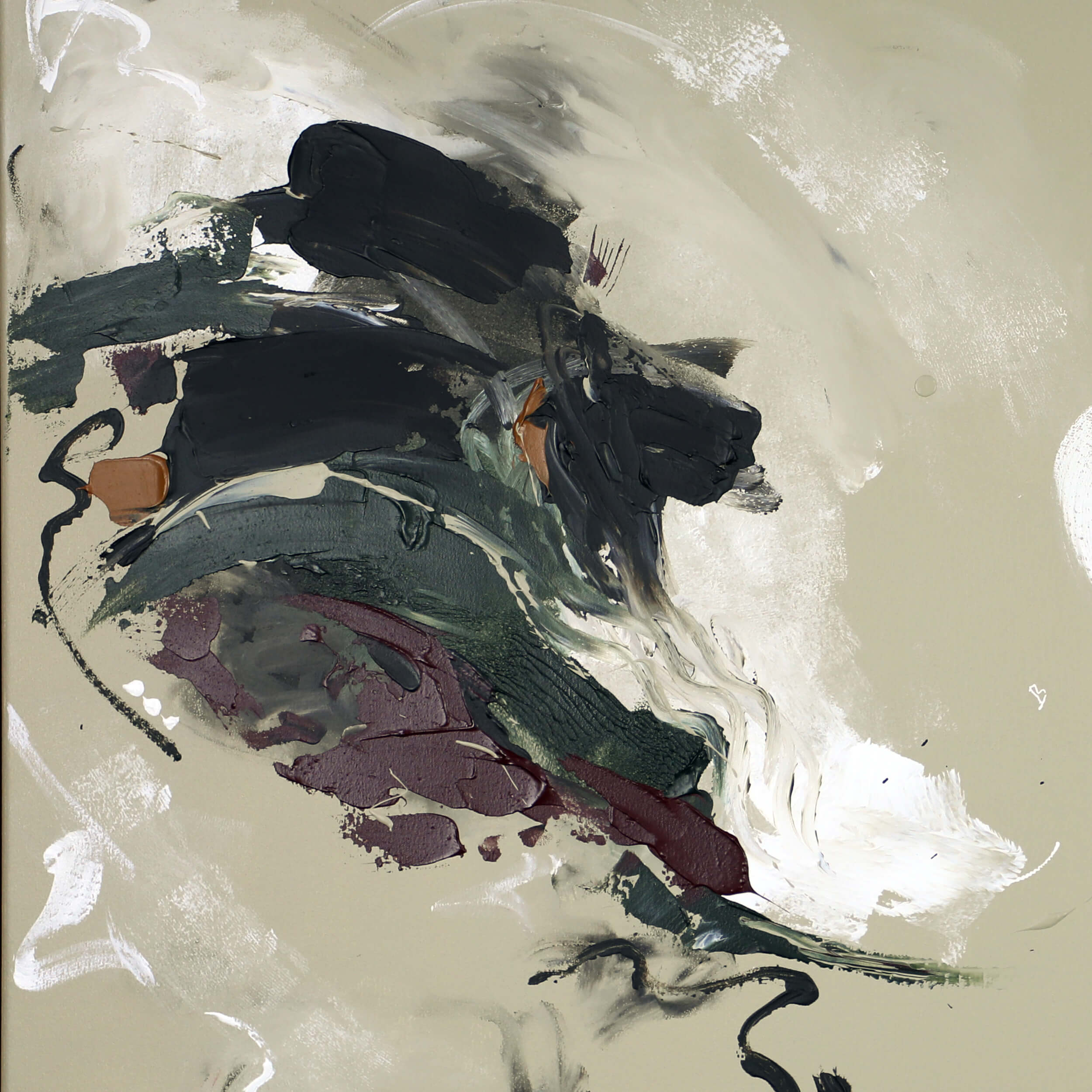 A close-up of a large neutral abstract artwork by Lee J Morgan