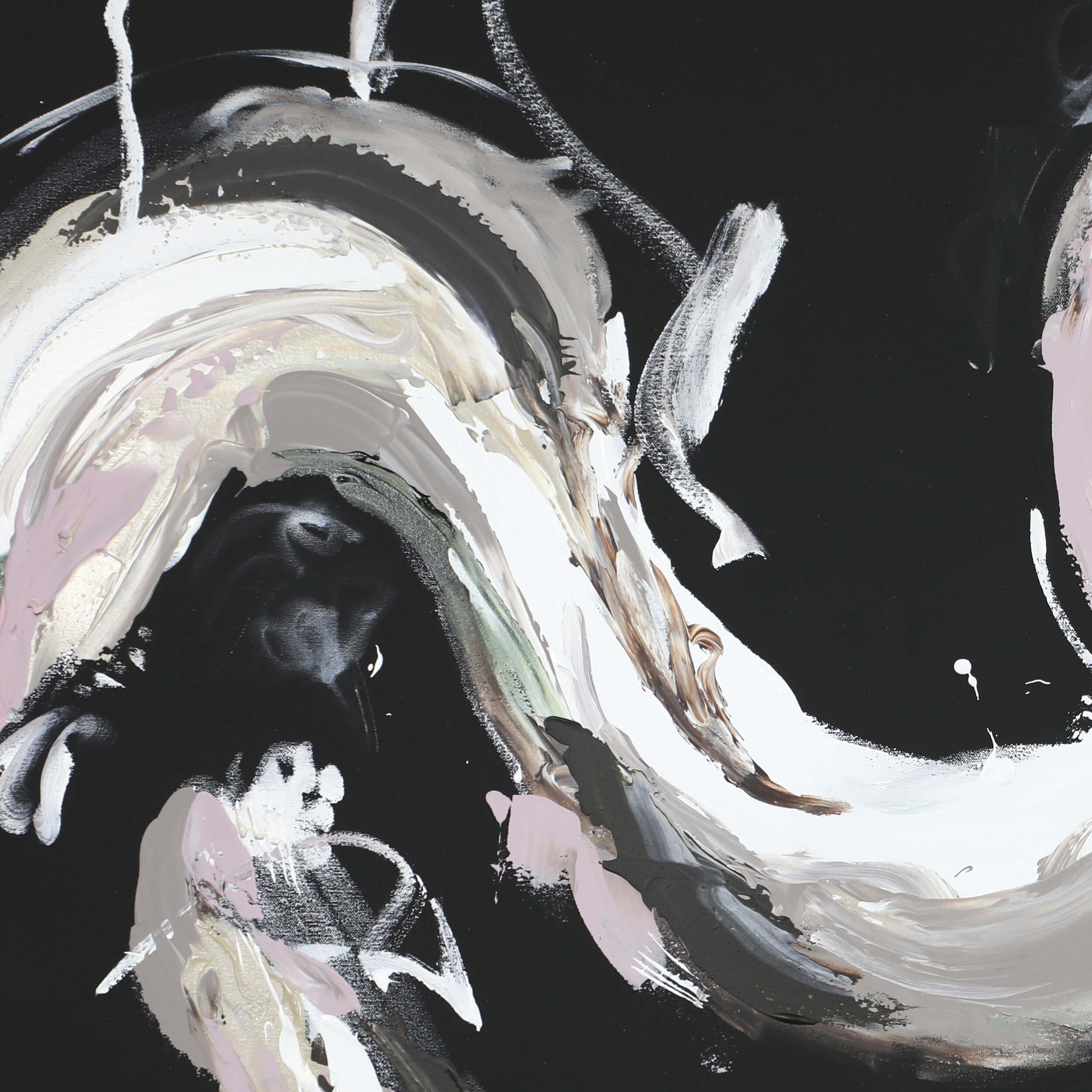 A close-up of a large black abstract artwork by Lee J Morgan