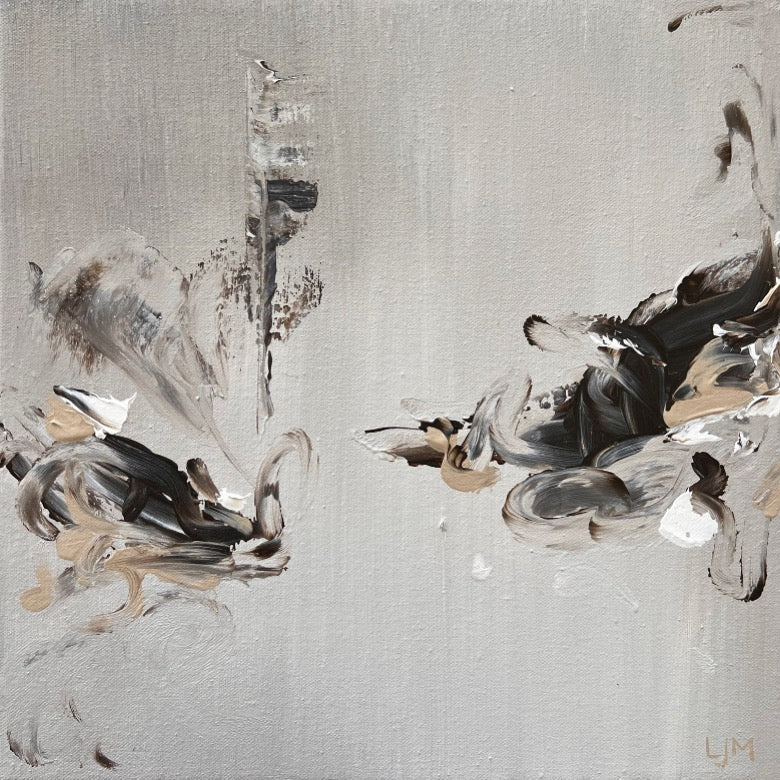 A close-up of a small gray artwork by Lee J Morgan Art