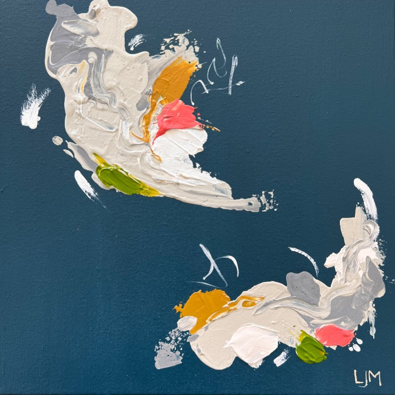 A close-up of a small bue artwork by Lee J Morgan Art