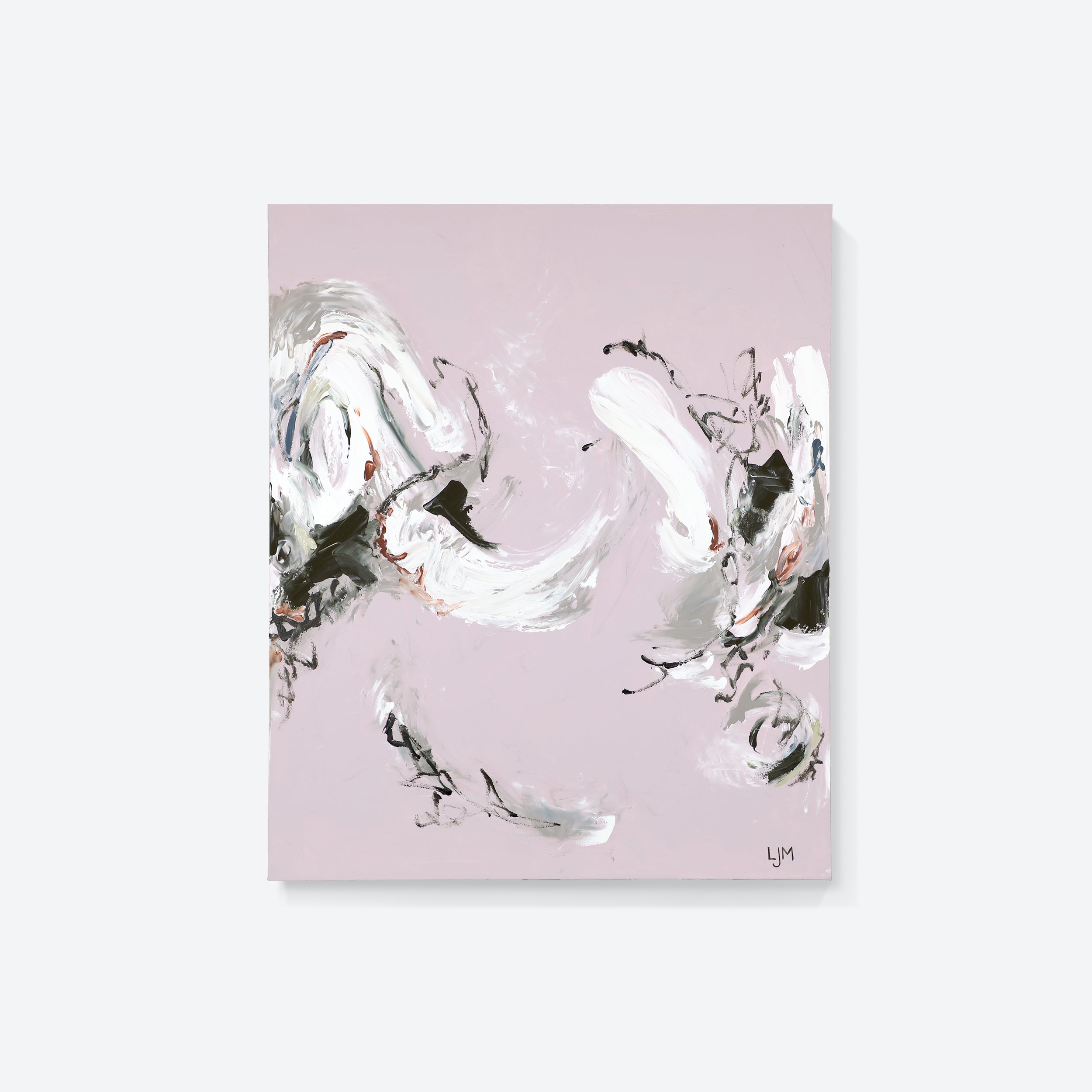 A medium pink abstract artwork by Lee J Morgan displayed on a living room wall