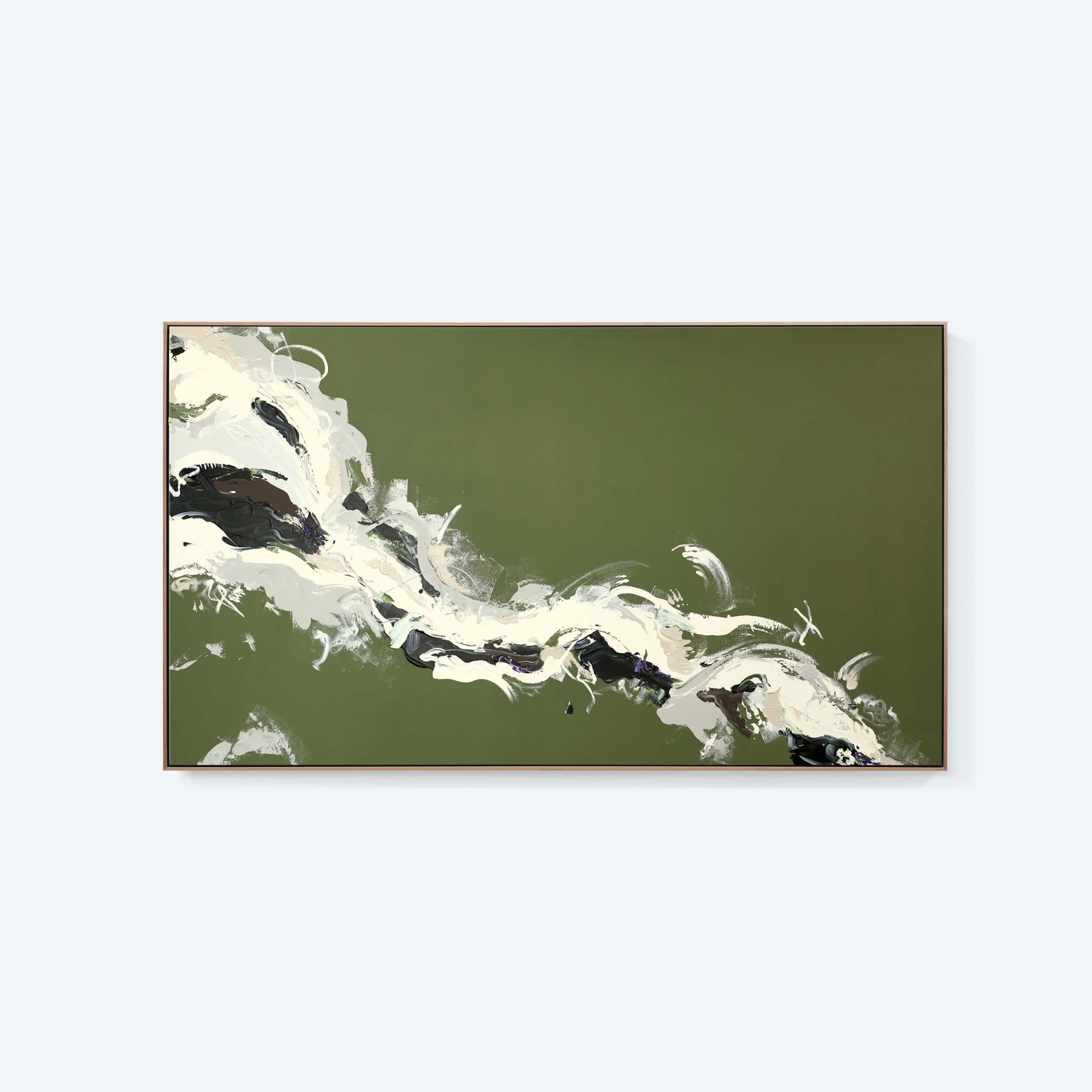 Large green abstract painting by Lee J Morgan Art displayed on the wall