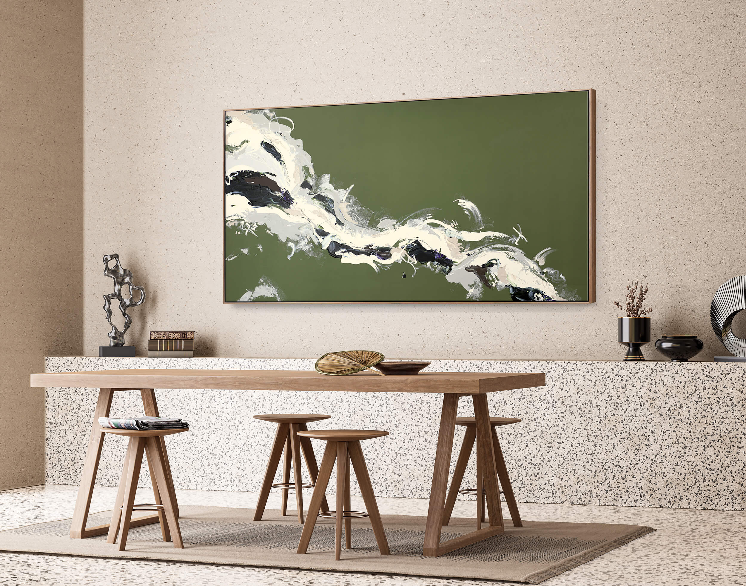 Large green abstract painting by Lee J Morgan Art displayed on the wall
