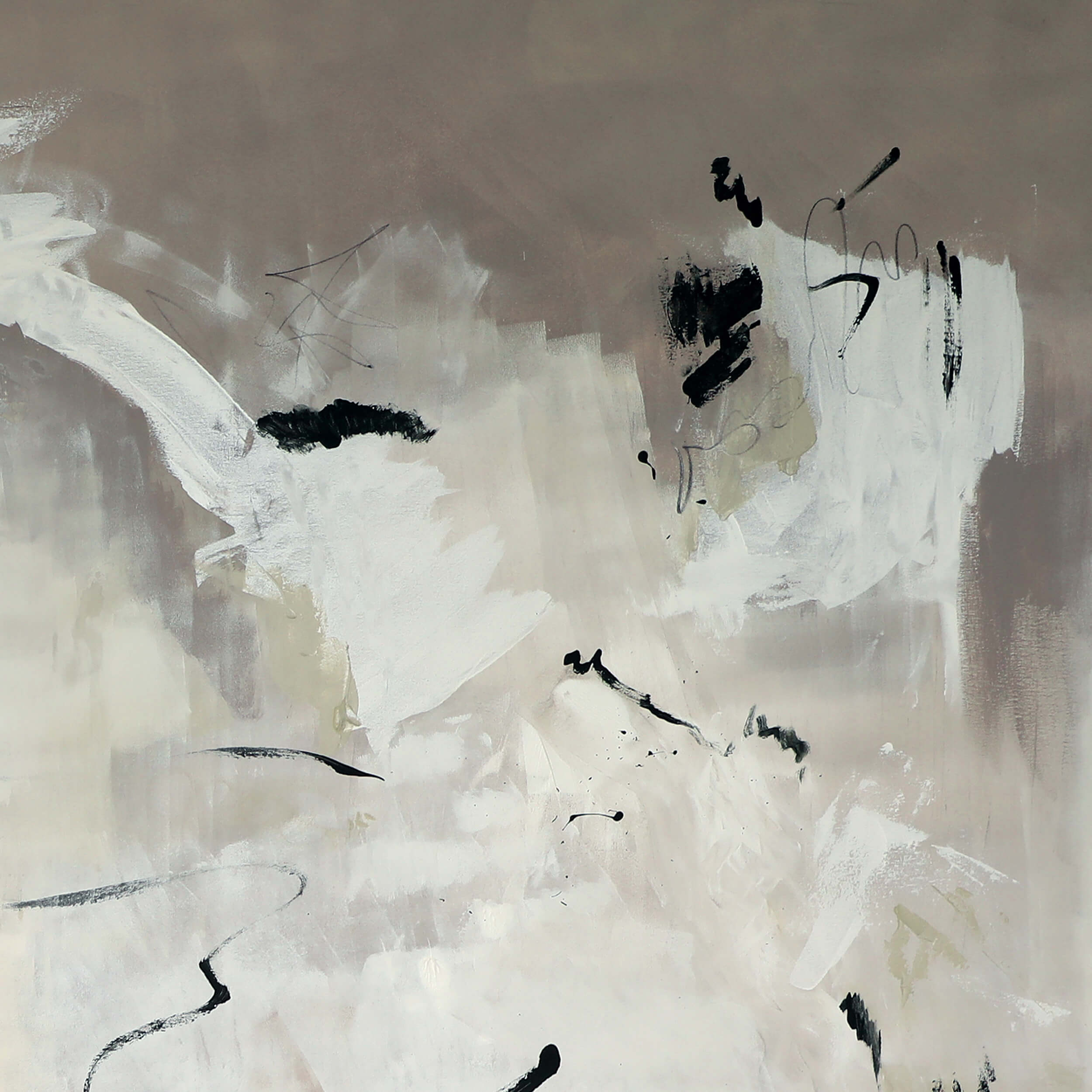 A close-up of a large, gray abstract painting by Lee J Morgan.