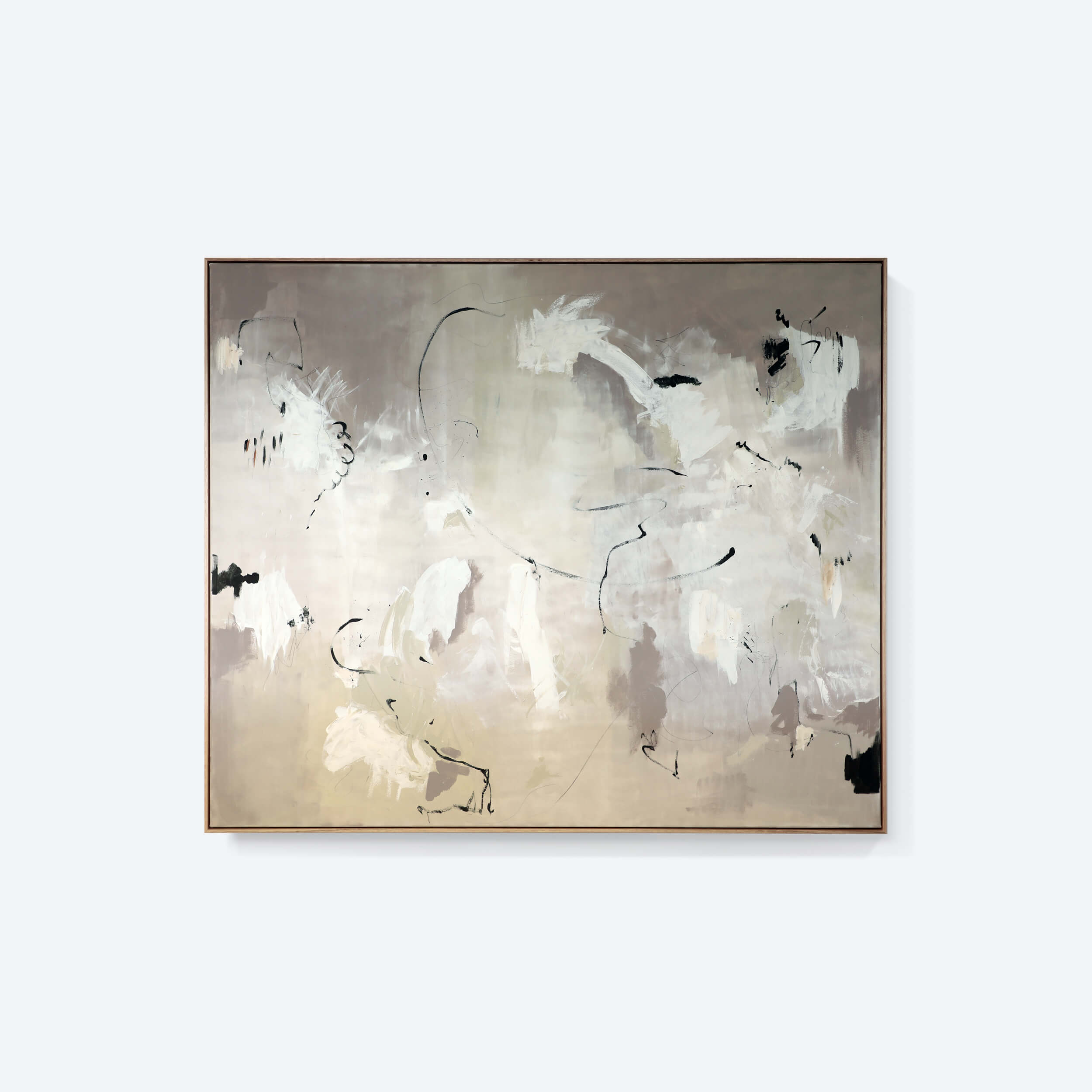 A large, gray abstract painting by Lee J Morgan displayed on a living room wall